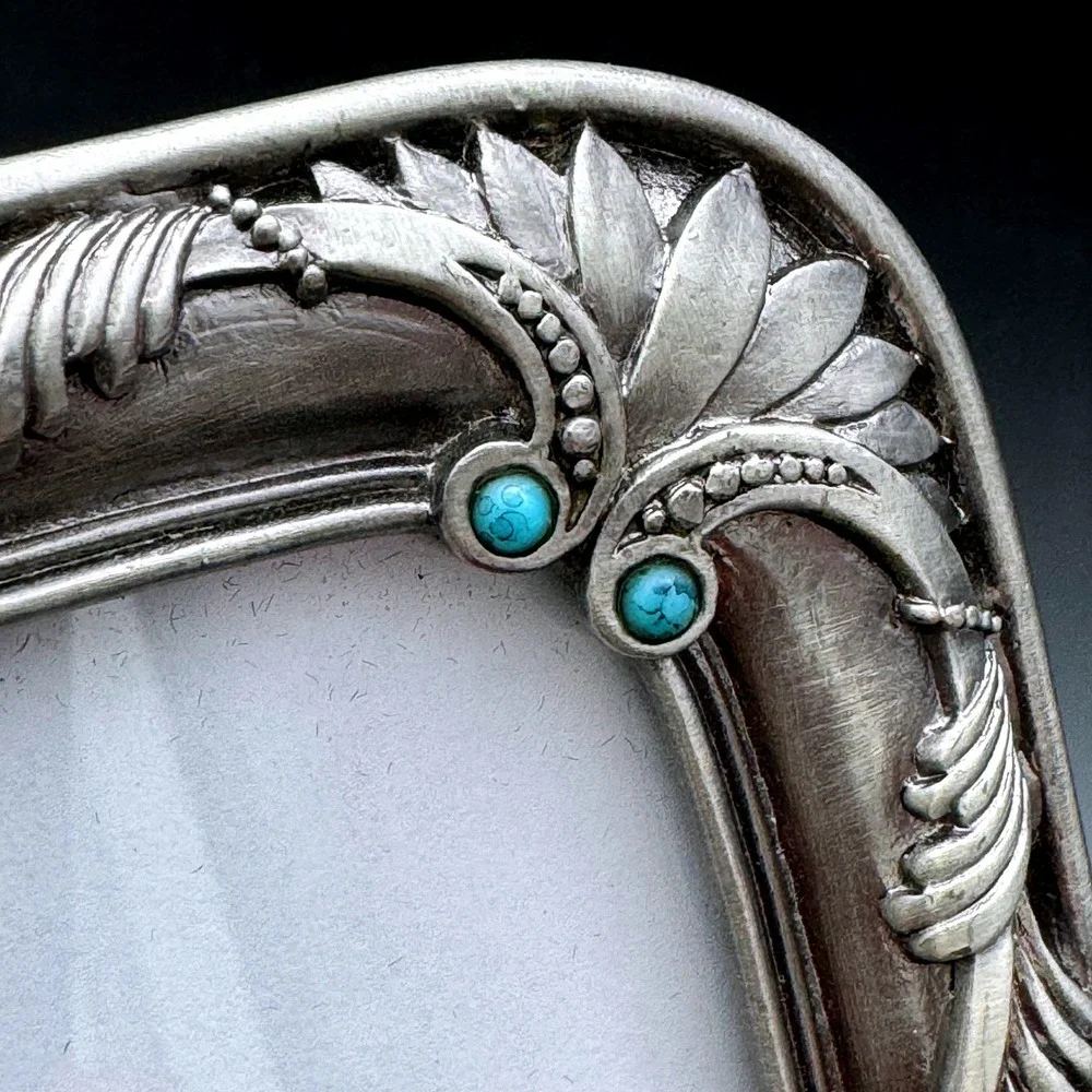 Ornate Turquoise Beaded Silver Tone Photo Frame 5x7 Vintage Style Tabletop Decor